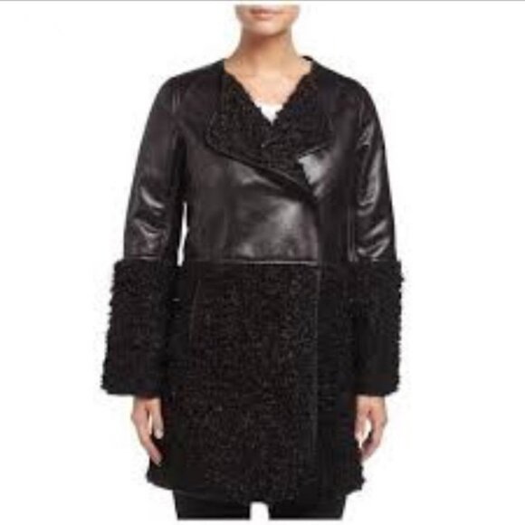 Max Studio Faux Leather Faux Fur Coat M Black